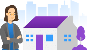 Brown haired landlord lady is standing in front of her house