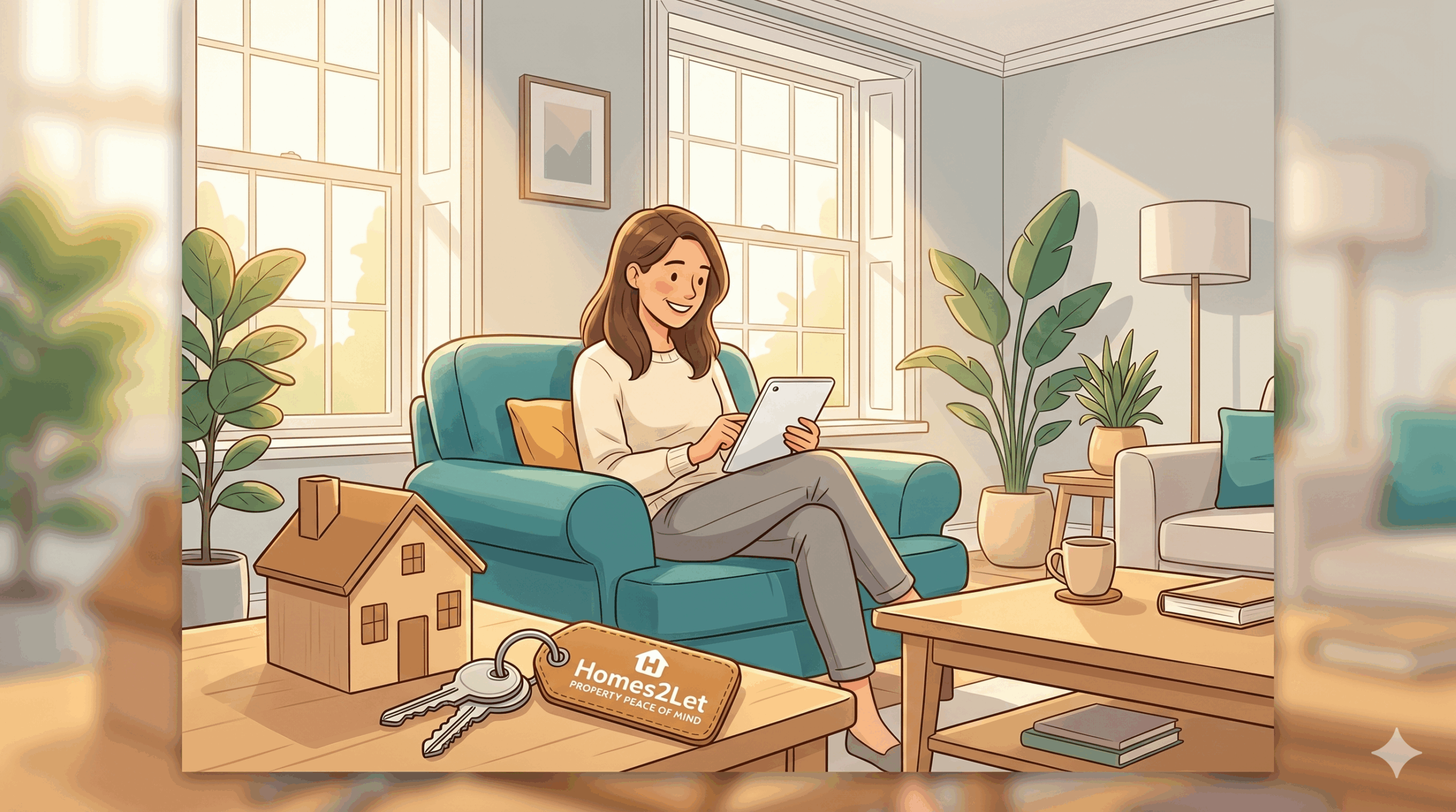 A friendly cartoon illustration of a smiling UK landlord in a bright living room, feeling relieved while looking at a tablet next to a Homes2Let guaranteed rent certificate and keys.