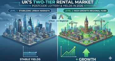 A split illustration showing a mature city skyline (Level 1: Stabilizing Urban Markets) with a flat chart for stable yields next to a growing town with construction (Level 2: High-Growth Regional Hubs) and an upward chart for positive growth.