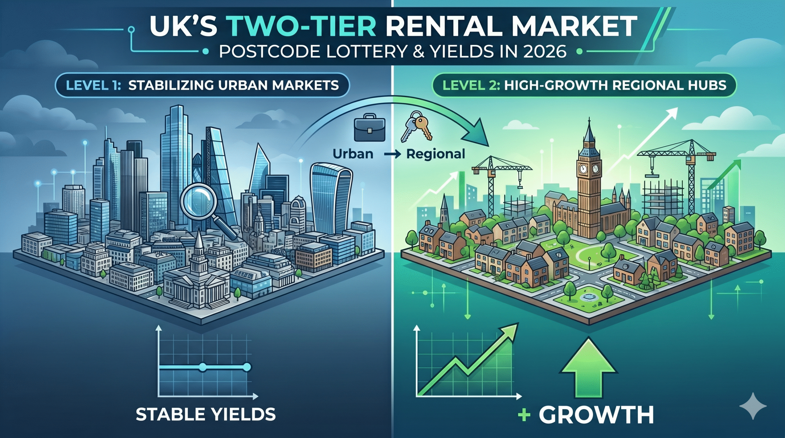 A split illustration showing a mature city skyline (Level 1: Stabilizing Urban Markets) with a flat chart for stable yields next to a growing town with construction (Level 2: High-Growth Regional Hubs) and an upward chart for positive growth.