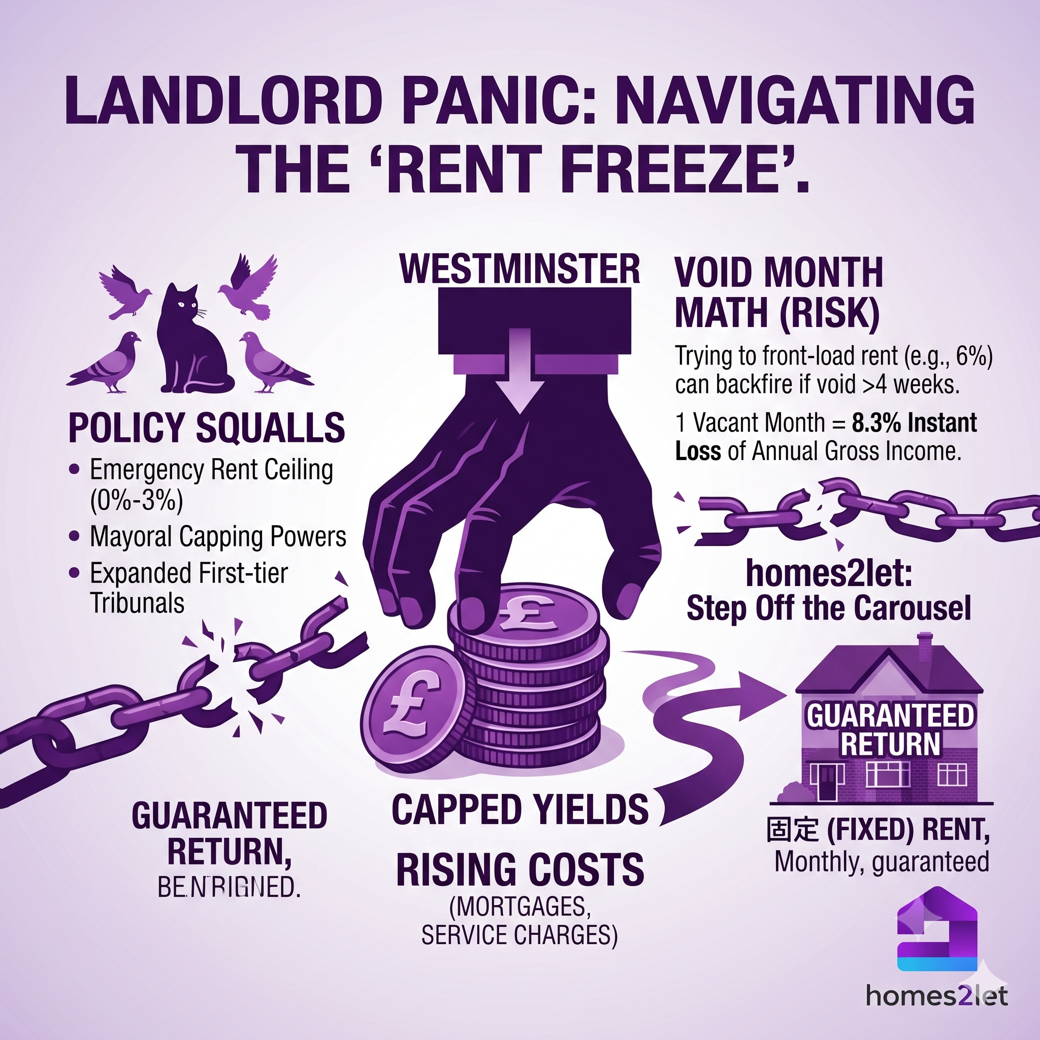 Infographic titled "LANDLORD PANIC: NAVIGATING THE ‘RENT FREEZE’." Set against a light purple background with dark purple typography, the visual highlights political and financial pressures on UK landlords. On the upper left, an icon depicts a cat surrounded by pigeons under the heading "POLICY SQUALLS," listing bullet points for Emergency Rent Ceiling (0%-3%), Mayoral Capping Powers, and Expanded First-tier Tribunals. In the center, a large hand labeled "WESTMINSTER" reaches down to cap a stack of British pound coins labeled "CAPPED YIELDS" and "RISING COSTS (MORTGAGES, SERVICE CHARGES)." On the upper right, a section titled "VOID MONTH MATH (RISK)" explains how 1 vacant month equals an 8.3% loss of annual gross income. Broken chain links symbolise breaking free from market volatility, leading via an arrow to an illustration of a house labeled "GUARANTEED RETURN" and fixed monthly rent. The "homes2let" logo appears in the bottom right corner.