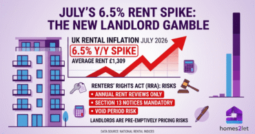 Here is the alt text, title, caption, and description for the provided infographic. Alt Text Infographic titled "July's 6.5% Rent Spike: The New Landlord Gamble," comparing a rising rent graph to new legislative risks. It features data showing UK rental inflation at a 6.5% Y/Y spike with an average rent of £1,309, positioned against a list of Renters' Rights Act (RRA) risks: "Annual Rent Reviews Only," "Section 13 Notices Mandatory," and "Void Period Risk."
