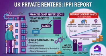 Infographic illustrating the IPPI report on UK pensioner private renters, highlighting a surge to 2 million older renters by 2044 alongside a comparison between median pension savings and retirement rental costs, branded for Homes2Let.