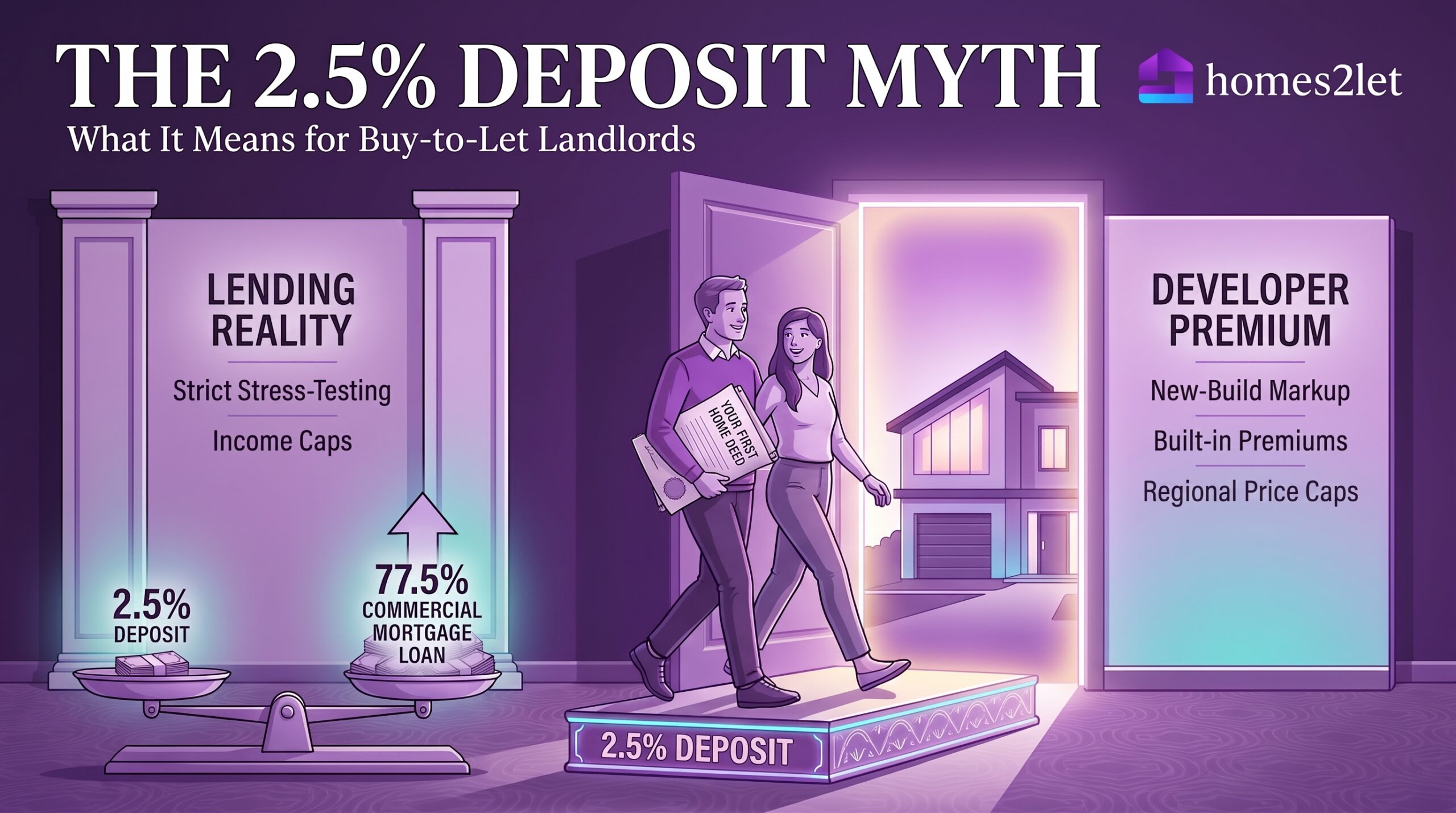 Illustration breaking down the 2.5% deposit first-time buyer scheme, showing lending stress tests and mortgage realities for buy-to-let landlords.