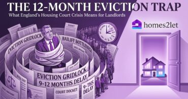 Illustration of a stressed landlord tangled in legal documents representing the 12-month eviction trap, court gridlock, and bailiff bottlenecks, featuring the Homes2Let logo.