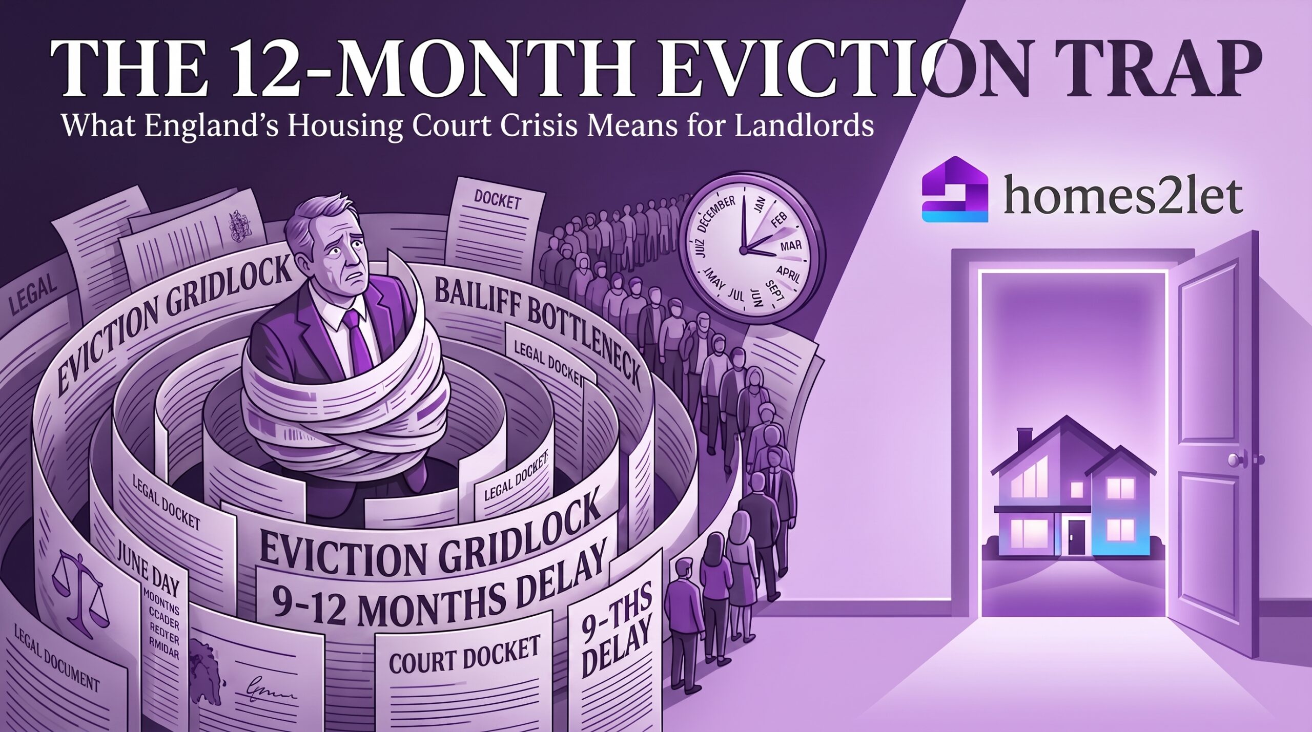 Illustration of a stressed landlord tangled in legal documents representing the 12-month eviction trap, court gridlock, and bailiff bottlenecks, featuring the Homes2Let logo.