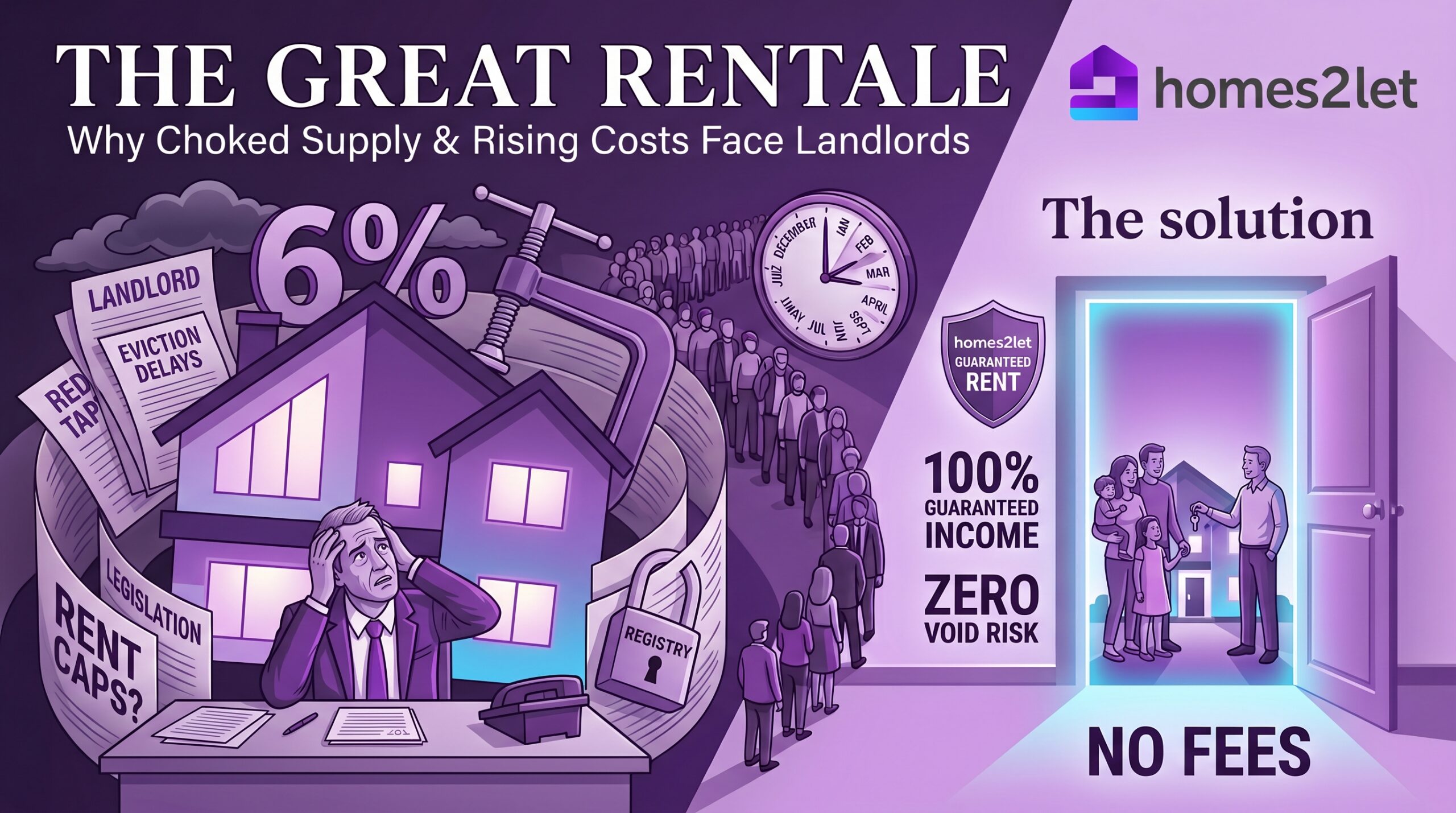 Illustration showing the contrast between traditional landlord challenges and the Homes2Let guaranteed rent solution. On the dark purple left side, a stressed landlord sits with head in hands amid a home caught in a vice, surrounded by 6% mortgage rates, rent caps, eviction delays, and paperwork. On the illuminated right side, the Homes2Let logo and guaranteed rent shield lead to an open door with a happy family moving in, highlighting 100% guaranteed income, zero void risk, and no fees.